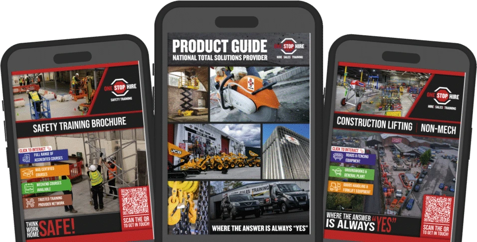 The One Stop Hire, Training, and Lifting and Non-Mechanical product guides shown on phones