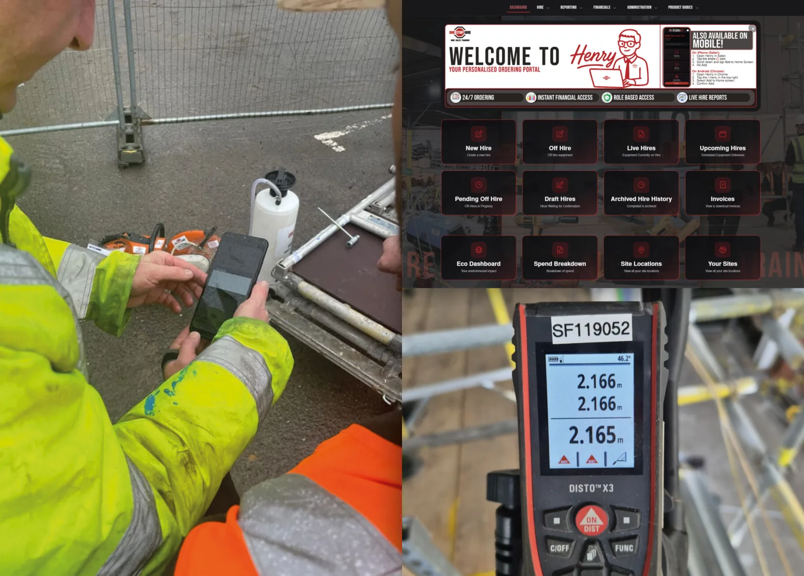 A site operative placing an order on their phone, the Henry ordering portal dashboard, and a Leica DISTO laser measure in use
