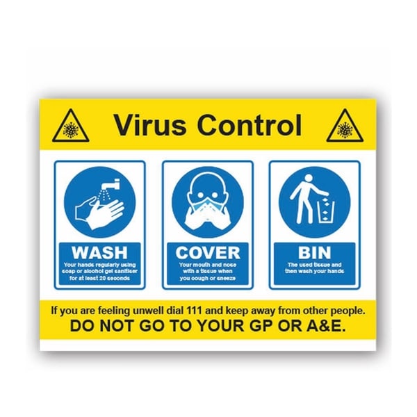 Wash Cover Bin Virus Control (3 Message) 1mm Rigid PVC 400 x 300mm