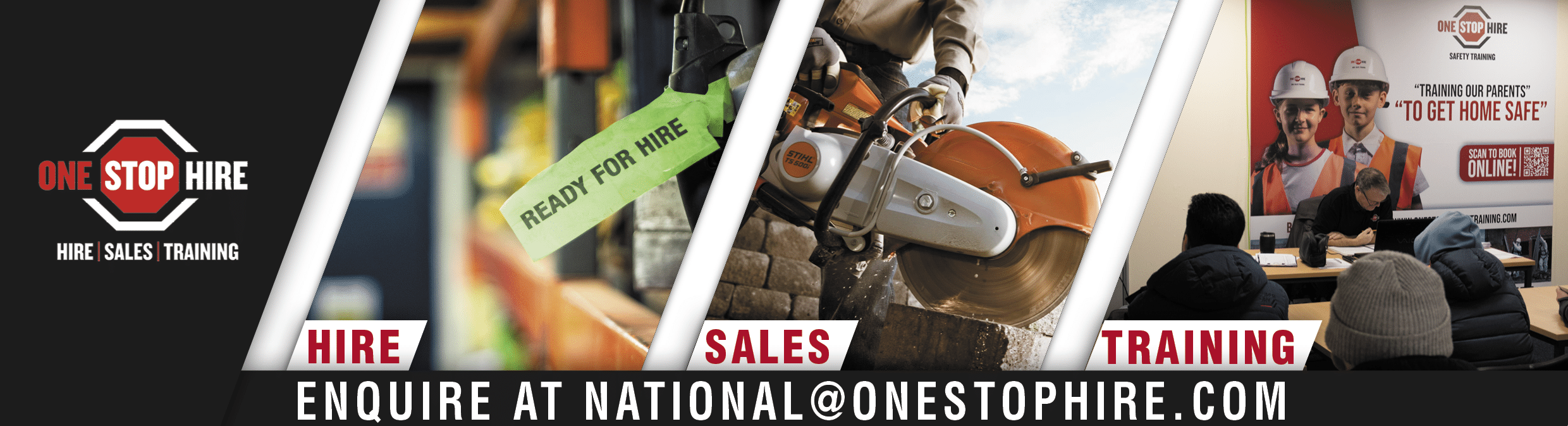 One Stop Hire banner with Hire, Sales & Training images to represent the services we offer. Offering enquiries to national@onestophire.com